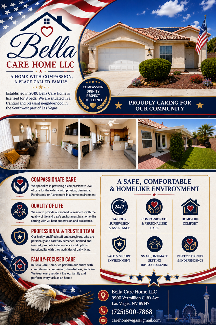 Bella Care Home LLC digital brochure — licensed group home in Las Vegas NV, compassionate care for elderly, dementia, Parkinson's and Alzheimer's