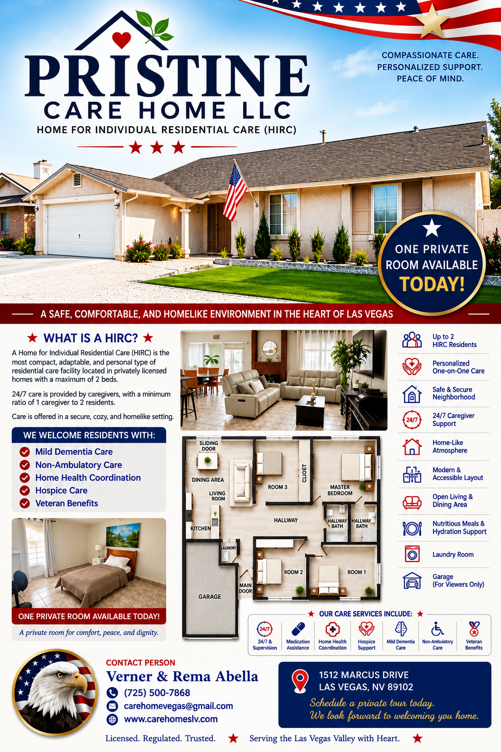 Pristine Care Home LLC digital brochure — HIRC services, facility features, care offerings, and contact information